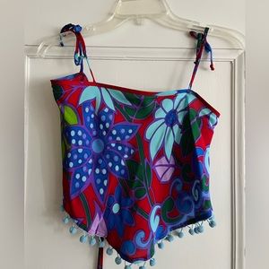 Petro Zillia 2pc Bright Color Mod Flowers 100% Silk Camisole Top(S) & Skirt (XS)